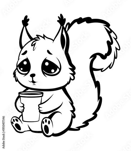 Sleepy small squirrel joy, Tiny creature holds steaming cup in autumn scene, Small bushytailed animal enjoying hot beverage surrounded by amber foliage and soft ambient warmth