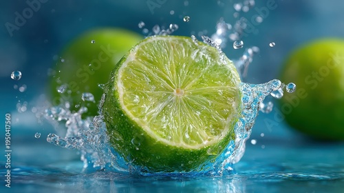 Fresh Lime Splashing in Water with Droplets and Vibrant Background