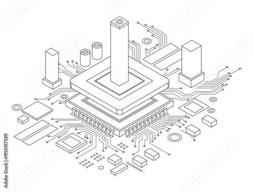 Electronic cpu digital chip monochrome. Processor and electronic components on motherboard or circuit board. Microchip or microprocessor, hardware engineering. AI. Blockchain technology isometric