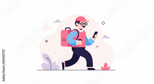 Animated man in red cap and vest carrying bag, using phone