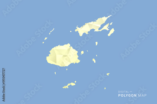 Fiji Map in low poly polygon vector style, geometric shape illustration with soft yellow tones on blue background, clean silhouette for infographic.