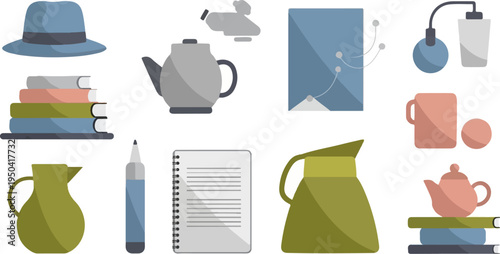 Assortment of everyday objects hat, books, teapots, pitcher, notebook, marker, cup, perfume