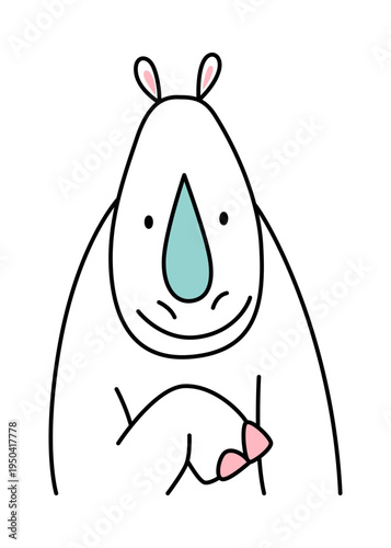 Storybook style of caring rhino with colorful horn. Artistic line drawing of gentle rhinoceros with teal appendage comforting small pink buddy in playful stance