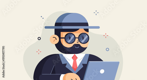 Bearded man in hat and suit works on laptop