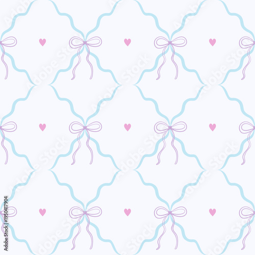 Hearts and bows ribbons seamless pattern. Elegant print for Valentine's day, wedding, nursery decor, clothing, wallpaper, wrapping paper. Hand drawn vector background.