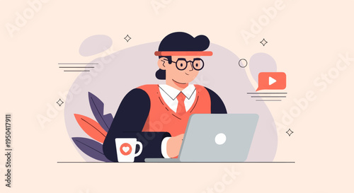 A person wearing glasses and an orange vest works on a laptop