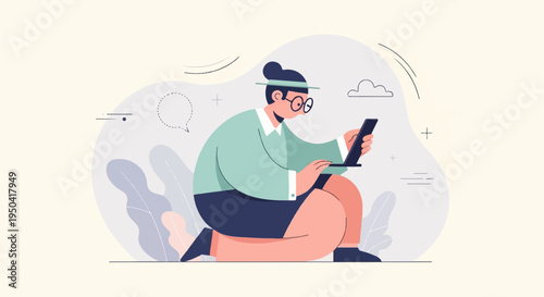 A person kneels on the floor typing on a laptop with a calm background