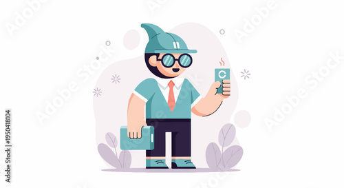 Cartoon man with hat and glasses holds cup and briefcase