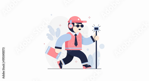 Cartoon person running with microphone and bag on white background