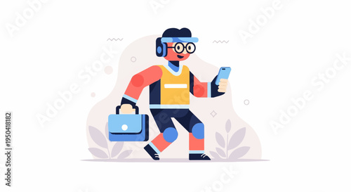 Cheerful figure with briefcase, phone, and headphones, stylishly dressed