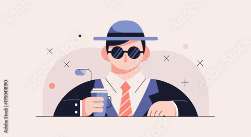 Dapper gentleman in hat and sunglasses holding a drink