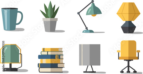 Collection of office supplies and decor for a workspace