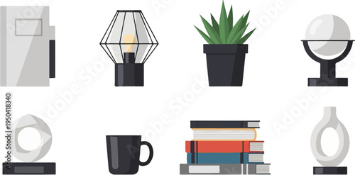Collection of stylish home decor items books, plant, lamp, trophy, vase, cup, globe