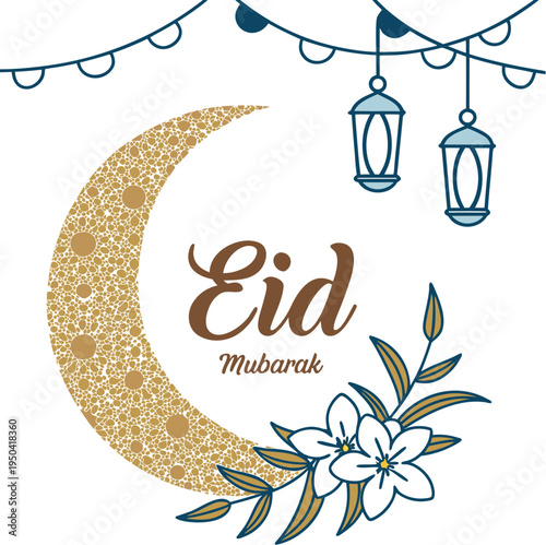 Elegant Golden Crescent Moon Eid Mubarak Greeting Card with Lanterns and Flowers.eps
