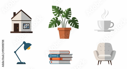 Cozy home scene with house, plant, coffee, lamp, books, and armchair