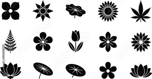 Black flower silhouettes and leaf icons collection isolated on white background including lotus tulip sunflower and cannabis for nature logos patterns and decorative designs