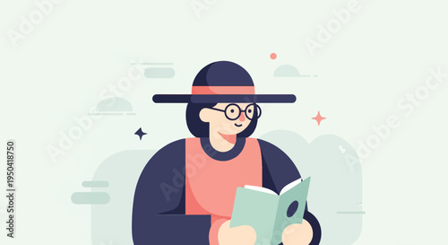 Flat illustration of a person wearing a hat and glasses, reading a book