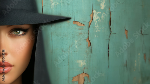 Half face woman black hat veil green eye turquoise cracked wood background mysterious