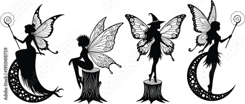 Black silhouette set of magical woodland fairies and witch with butterfly wings sitting on crescent moon and tree stumps holding glowing wands for Halloween.