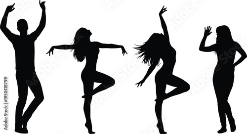 Black silhouettes of happy people dancing and celebrating in expressive poses isolated on white background for party disco music event and creative lifestyle projects