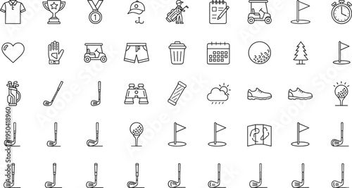Large set of golf line icons featuring clubs, balls, carts, trophies, medals, apparel, and flags for professional tournament branding, country club sports design, and athletic training projects.