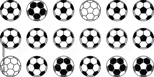 Large set of soccer ball icons featuring various black and white football designs with pentagon patterns for sports competition, athletic training, and championship tournament branding.