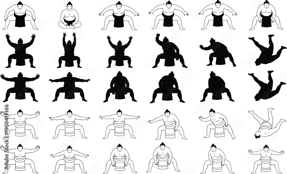 Fototapeta premium Traditional Japanese Sumo Wrestler Vector Collection Featuring Silhouettes and Line Art Poses of Riishi Athletes Squatting, Wrestling, and Exercising for Sports Culture and Martial Arts.