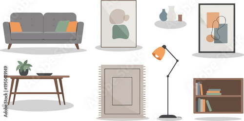 Cozy living room elements sofa, table, rug, lamp, bookshelf, art