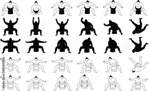 Traditional Japanese Sumo Wrestler Vector Collection Featuring Silhouettes and Line Art Poses of Riishi Athletes Squatting, Wrestling, and Exercising for Sports Culture and Martial Arts.