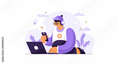 Person using laptop and phone with headphones and glasses