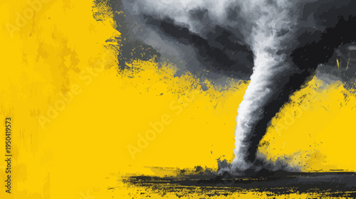 Stylized digital illustration showing a tornado forming against a yellow background, dramatic and powerful
