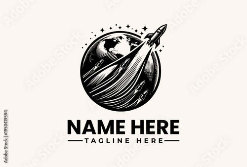 Black and white illustration of a rocket launching from Earth with a tagline and placeholder text on a plain beige background.
