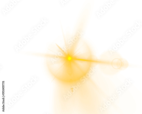 Abstract glowing light with warm yellow tones and soft shine. Small particles flicker around the center. Transparent PNG for easy integration in designs.