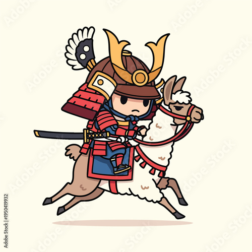 A cartoon depiction of a Japanese samurai warrior riding a stylized llama-like animal, both in mid-action. The artwork is simplistic and colorful