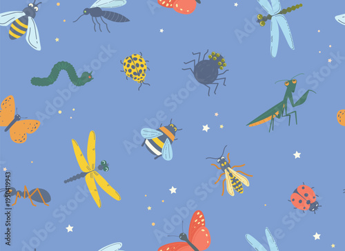 A seamless pattern with beetles for kids collection. Vector illustration with flat cartoon design and bright pastel colors.