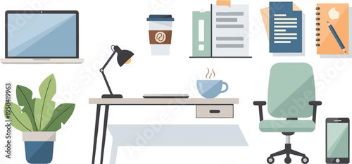 Flat illustration of a modern office desk setup with various items