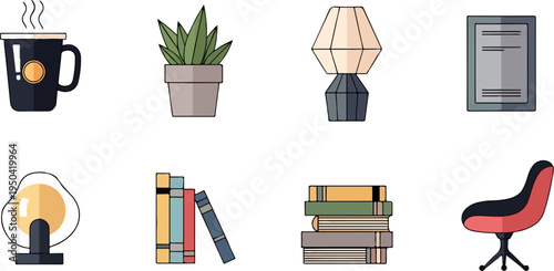 Set of illustrated objects for a workspace, including a cup of coffee, a plant, lamps, books, and a chair