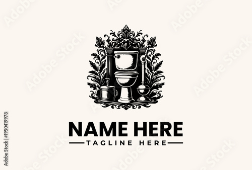 Black and white vector illustration of a logo with ornate design elements, icons, and placeholder text on a beige background.