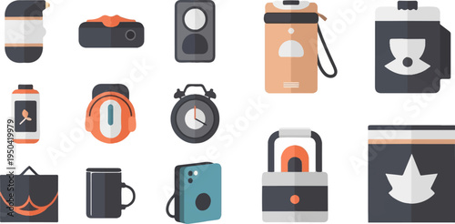 Assorted flat icons of everyday objects, including bottles, alarm clock, headphones, and bags