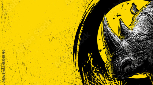 A grayscale rhino illustration on a yellow and black textured background with ink splatters and a brush stroke