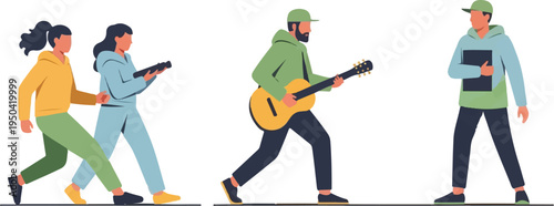 Four individuals in casual attire engaged in various activities, including walking and playing a guitar