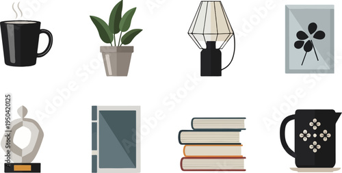 Flat illustrations of home objects coffee mug, plant, lamp, art, books