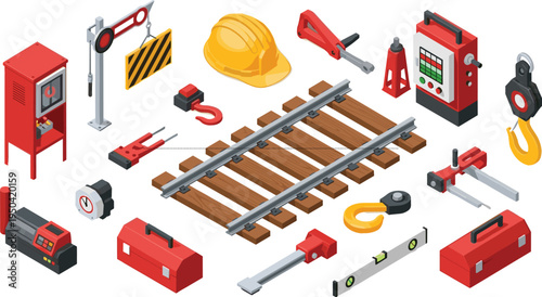 Isometric railway construction tools and equipment set, rail track maintenance machinery, safety helmet and engineering instruments vector illustration collection