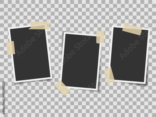 Three Blank photo portrait frames with adhesive tape corners. Minimal collage aesthetic, natural paper texture, isolated vector elements for album design and creative photo compositions