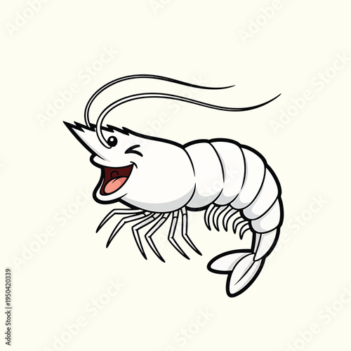 A cartoon depiction of a smiling, stylized crustacean with an exaggerated smile and curved antennae, perfect for playful branding