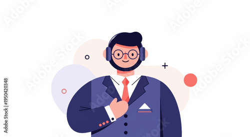 Friendly person in a suit with headphones and glasses