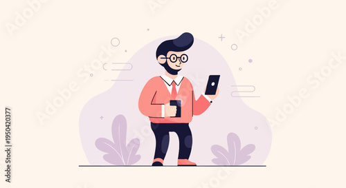Bearded man in glasses with phone and coffee mug amidst abstract shapes