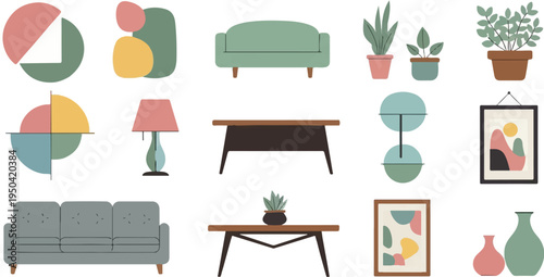 Abstract art, potted plants, and furniture arranged in a modern home setting