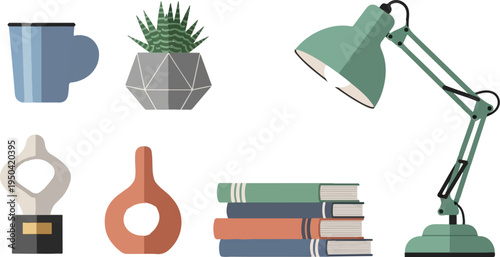 A minimalist illustration of desk objects mug, plant, lamp, sculpture, vase, books