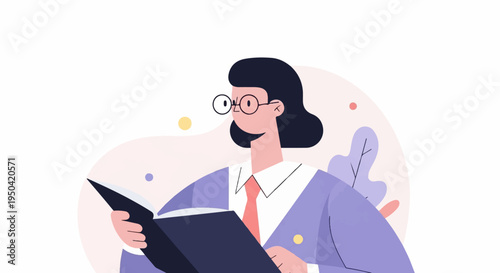 A person with glasses wearing a suit and tie, absorbed in reading a book